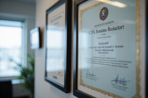 Financial certifications on office wall