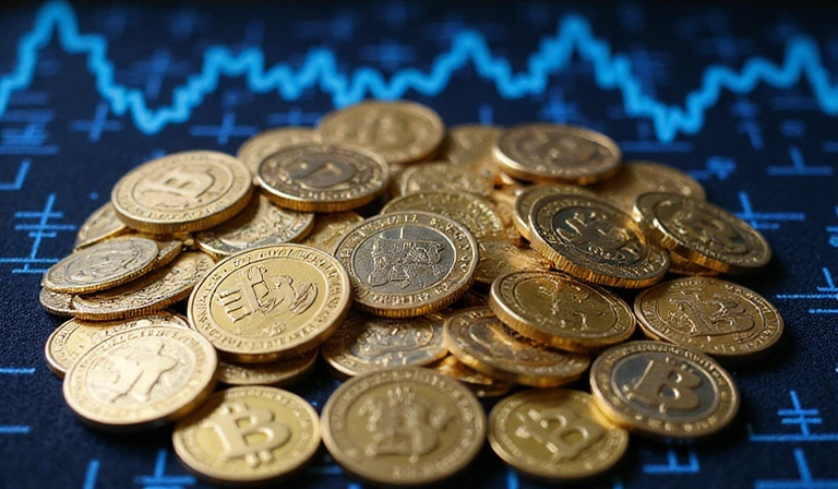 Cryptocurrency coins with blockchain background