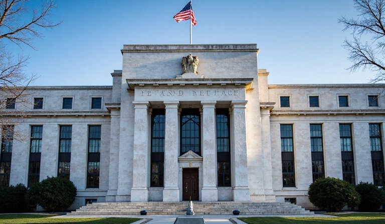 Federal Reserve building with economic indicators
