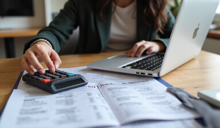 Person budgeting on laptop with calculator